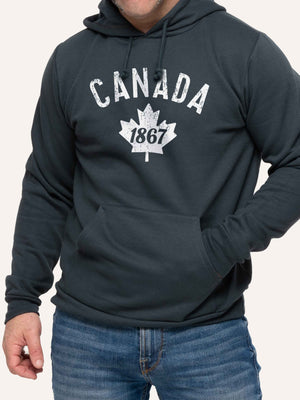 Man wearing Grey Hoodie sweatshirt with Canada 1867 and maple leaf - Made in Canada by Choose Canadian Apparel Co