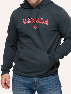 Man wearing Grey Hoodie sweatshirt with Canada and maple leaf - Made in Canada by Choose Canadian Apparel Co