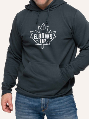Man wearing Grey Hoodie sweatshirt with Elbows Up slogan and maple leaf - Made in Canada by Choose Canadian Apparel Co