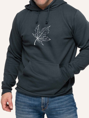 Man wearing Grey Hoodie sweatshirt with Maple leaf line art - Made in Canada by Choose Canadian Apparel Co