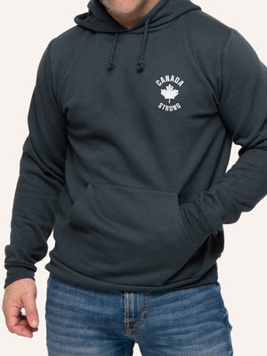 Man wearing Grey Hoodie sweatshirt with Canada Strong pocket logo - Made in Canada by Choose Canadian Apparel Co