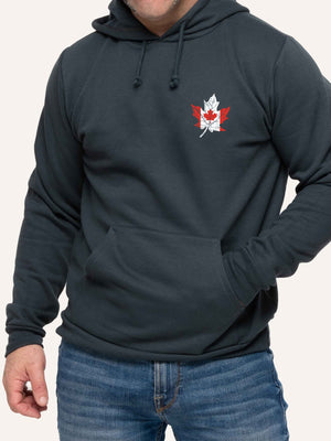 Man wearing Grey Hoodie sweatshirt with Canada Flag inside of Maple Leaf - Made in Canada by Choose Canadian Apparel Co