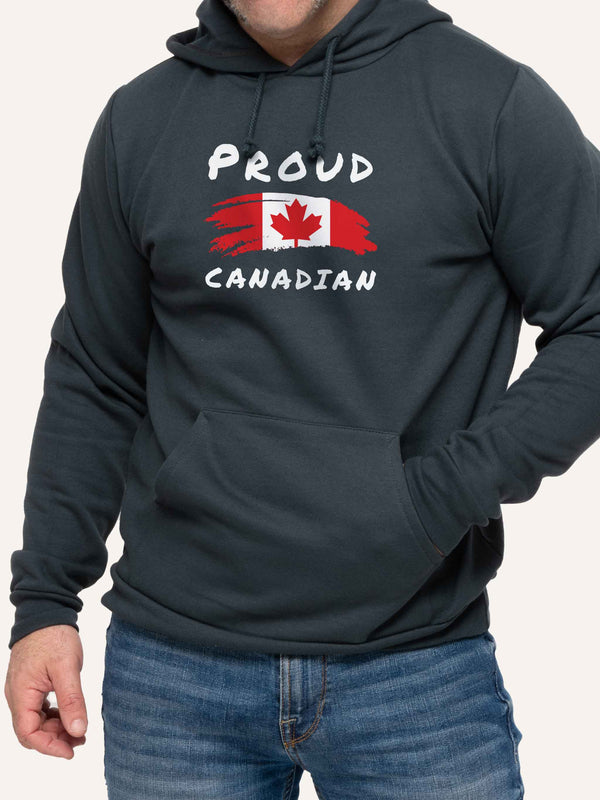 Man wearing Grey Hoodie sweatshirt with Proud Canadian slogan and Canada Flag - Made in Canada by Choose Canadian Apparel Co