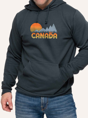 Man wearing Grey Hoodie sweatshirt with Canada sunset canoe and mountains - sweatshirt for camping - Made in Canada by Choose Canadian Apparel Co