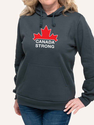 Woman wearing Grey Hooded sweatshirt with Canada Strong logo  and red maple leaf - Made in Canada by Choose Canadian Apparel Co