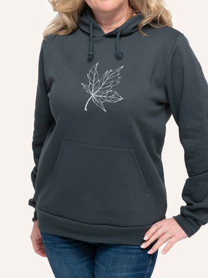 Woman wearing Grey Hoodie sweatshirt with Maple leaf line art - Made in Canada by Choose Canadian Apparel Co
