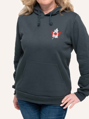 Woman wearing Grey Hoodie sweatshirt with Canada Flag inside of Maple Leaf - Made in Canada by Choose Canadian Apparel Co