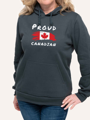 Woman wearing Gray Hoodie sweatshirt with Proud Canadian slogan and Canada Flag - Made in Canada by Choose Canadian Apparel Co
