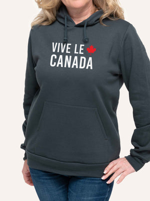 Woman wearing Grey Hoodie sweatshirt with Vive Le Canada slogan and maple leaf - Made in Canada by Choose Canadian Apparel Co