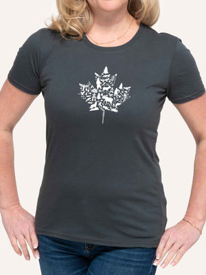 Woman wearing dark grey t-shirt with maple leaf canadian symbols montage in mosaic pattern - Made in Canada by Choose Canadian Apparel Co
