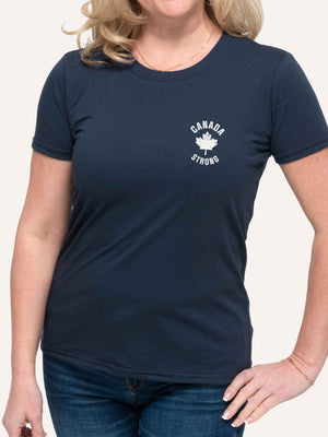Woman wearing ladies navy blue t-shirt with maple leaf graphic and canada strong slogan - Made in Canada by Choose Canadian Apparel Co