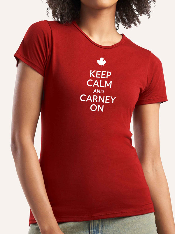 Woman wearing red t-shirt with slogan Keep Calm and Carney On - Made in Canada by Choose Canadian Apparel Co