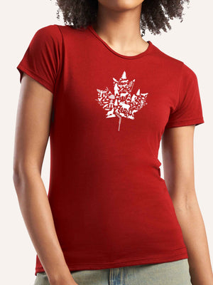 Woman wearing red t-shirt with maple leaf canadian symbols montage in mosaic pattern - Made in Canada by Choose Canadian Apparel Co