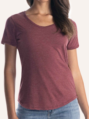 Woman wearing ladies burgundy red scoop neck t-shirt - Made in Canada by Choose Canadian Apparel Co
