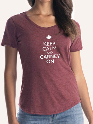 Woman wearing ladies burgundy red scoop t-shirt with Keep Calm and Carney On slogan - Made in Canada by Choose Canadian Apparel Co