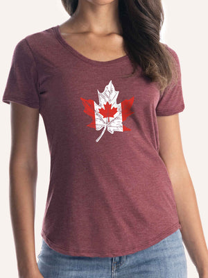 Woman wearing ladies burgundy red scoop t-shirt with Canada Flag in shape of a maple leaf - Made in Canada by Choose Canadian Apparel Co