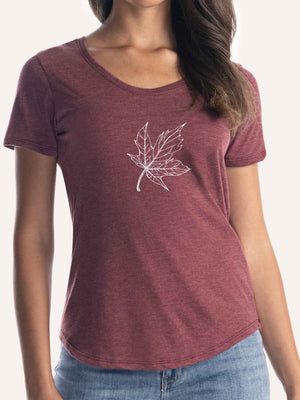 Woman wearing ladies burgundy red scoop t-shirt with maple leaf outline line art - Made in Canada by Choose Canadian Apparel Co