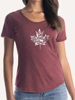 Woman wearing ladies burgundy red scoop t-shirt with maple leaf montage collage of Canadian symbols - Made in Canada by Choose Canadian Apparel Co