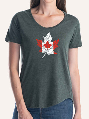 Woman wearing ladies forest green red scoop t-shirt with Canada Flag in shape of a maple leaf - Made in Canada by Choose Canadian Apparel Co