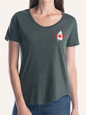 Woman wearing ladies forest green scoop t-shirt with canada flag in shape of a maple leaf pocket graphic - Made in Canada by Choose Canadian Apparel Co