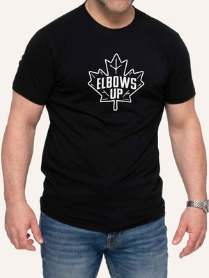 Man wearing black tshirt with Elbows Up slogan and Maple Leaf - Made in Canada by Choose Canadian Apparel Co