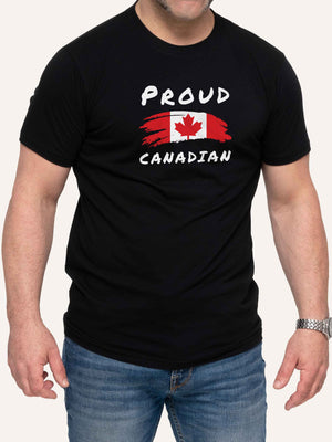 Man wearing black tshirt with Proud Canadian slogan and Canada Flag - Made in Canada by Choose Canadian Apparel Co