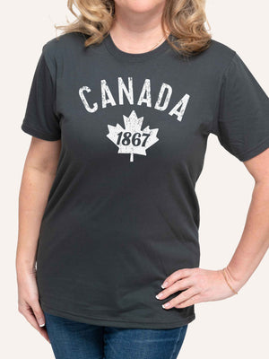 Woman wearing grey tshirt with Canada 1867 and Maple Leaf - Made in Canada by Choose Canadian Apparel Co