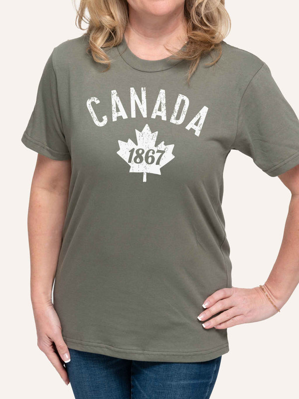 Woman wearing sage green tshirt with Canada 1867 and Maple Leaf - Made in Canada by Choose Canadian Apparel Co