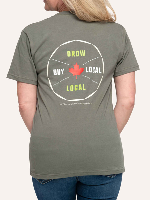 Back view of sage green Unisex T-shirt with Maple Leaf image and Grow Local Buy Local slogan - Made in Canada by Choose Canadian Apparel Co