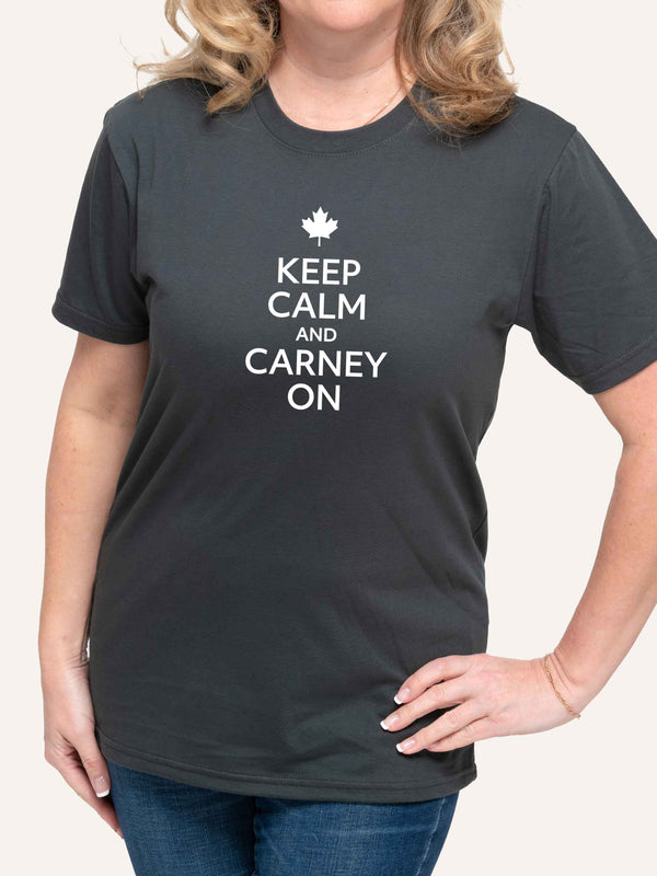 Woman wearing grey t-shirt with Keep Calm and Carney On slogan - Made in Canada by Choose Canadian Apparel Co