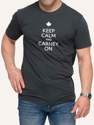 Man wearing grey t-shirt with Keep Calm and Carney On slogan - Made in Canada by Choose Canadian Apparel Co