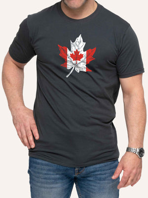 Man wearing grey t-shirt with Canada Flag inside Maple Leaf shape - Made in Canada by Choose Canadian Apparel Co