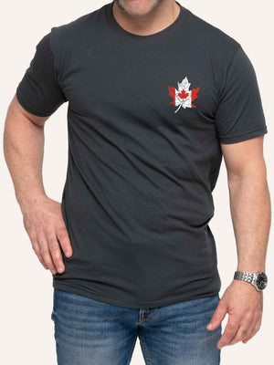 Man wearing grey t-shirt with canada flag within maple leaf - Made in Canada by Choose Canadian Apparel Co