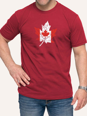 Man wearing red t-shirt with Canada Flag inside Maple Leaf shape - Made in Canada by Choose Canadian Apparel Co