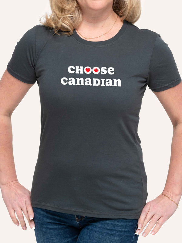 Woman wearing gray tshirt with red heart and maple leaf and Choose Canadian slogan - Made in Canada by Choose Canadian Apparel Co