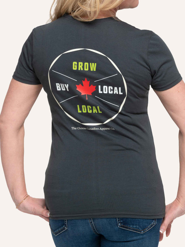 Grow Local Buy Local for Farmers - Women's Charcoal Grey T-Shirt - Made in Canada - Choose Canadian Apparel Co