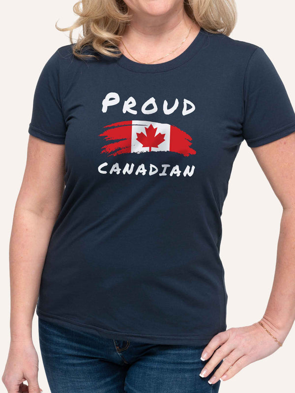 Woman wearing blue tshirt with Proud Canadian slogan and Canada Flag - Made in Canada by Choose Canadian Apparel Co