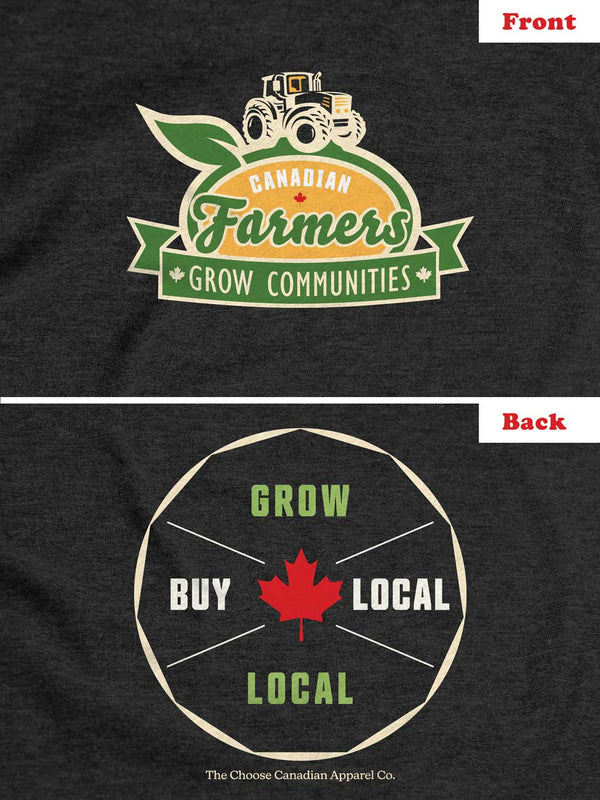 Closeup view of a Tractor graphic design on a Choose Canadian Farmers Grow Communities Grow Local Buy Local shirt