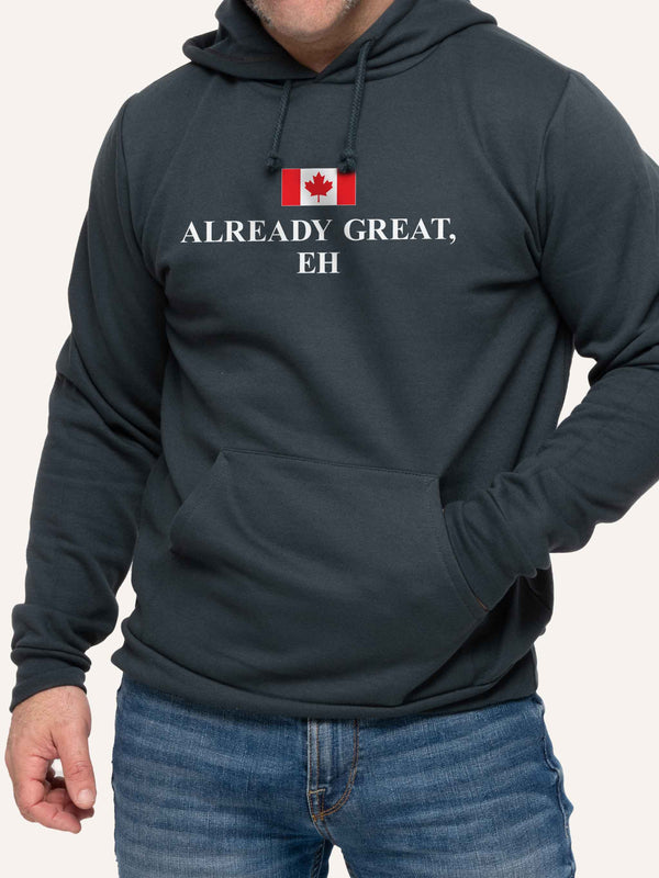 Man wearing Gray Hooded sweatshirt with Canada Flag and Already Great Eh slogan - Made in Canada by Choose Canadian Apparel Co