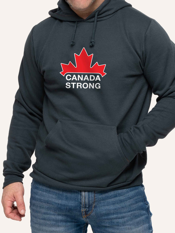 Man wearing Gray Hoodie sweatshirt with Canada Strong logo  and red maple leaf - Made in Canada by Choose Canadian Apparel Co