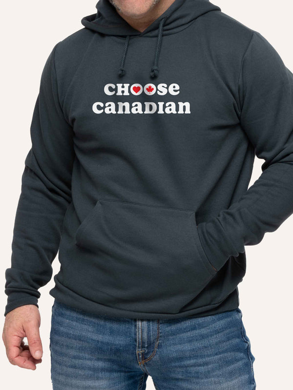 Man wearing Grey Hooded sweatshirt with Choose Canadian slogan and heart and maple leaf - Made in Canada by Choose Canadian Apparel Co