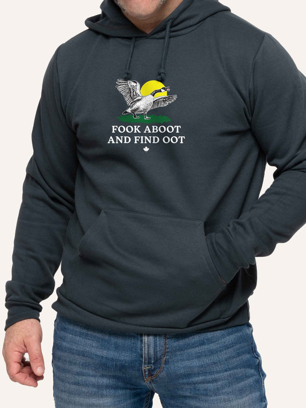 Man wearing Grey Hoodie sweatshirt with Fook Aboot Find Oot slogan and gadsden goose - Made in Canada by Choose Canadian Apparel Co