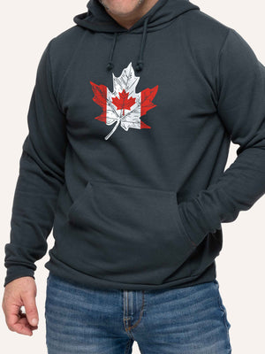 Man wearing Grey Hoodie sweatshirt with Canada flag inside maple leaf - Made in Canada by Choose Canadian Apparel Co