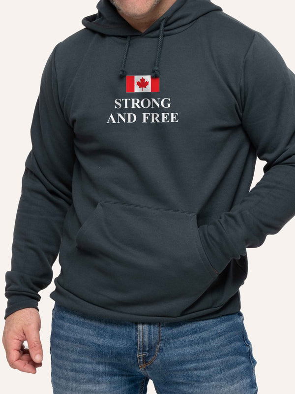 Man wearing Grey Hooded sweatshirt with Strong and Free slogan and canada flag - Made in Canada by Choose Canadian Apparel Co