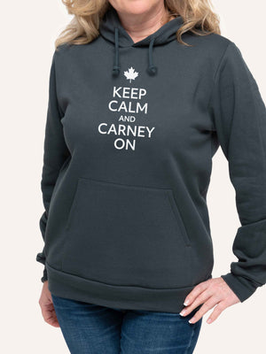 Woman wearing Grey Hooded sweatshirt with Maple Leaf and Keep Calm and Carney On slogan - Made in Canada by Choose Canadian Apparel Co