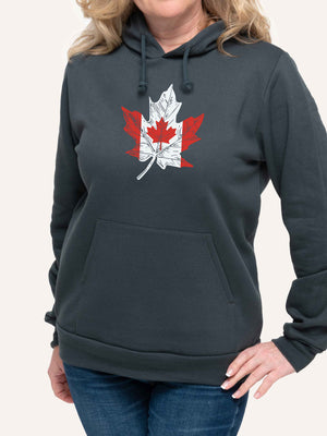 Woman wearing Grey Hoodie sweatshirt with Canada flag inside maple leaf - Made in Canada by Choose Canadian Apparel Co