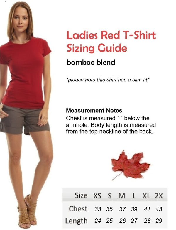 Ladies Red T-shirt sizing chart made in Canada