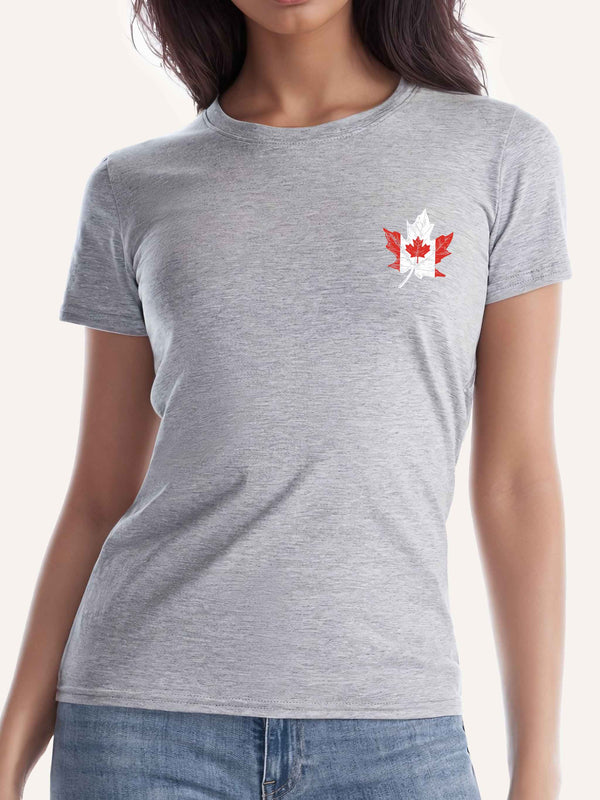 Woman wearing ladies light grey t-shirt with canada flag in shape of maple leaf graphic at left pocket location - Made in Canada by Choose Canadian Apparel Co