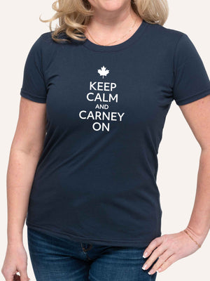 Woman wearing blue t-shirt with slogan Keep Calm and Carney On - Made in Canada by Choose Canadian Apparel Co