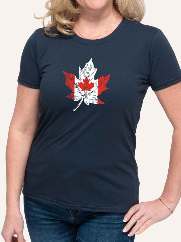 Woman wearing navy blue t-shirt with canada flag in shape of a maple leaf - Made in Canada by Choose Canadian Apparel Co